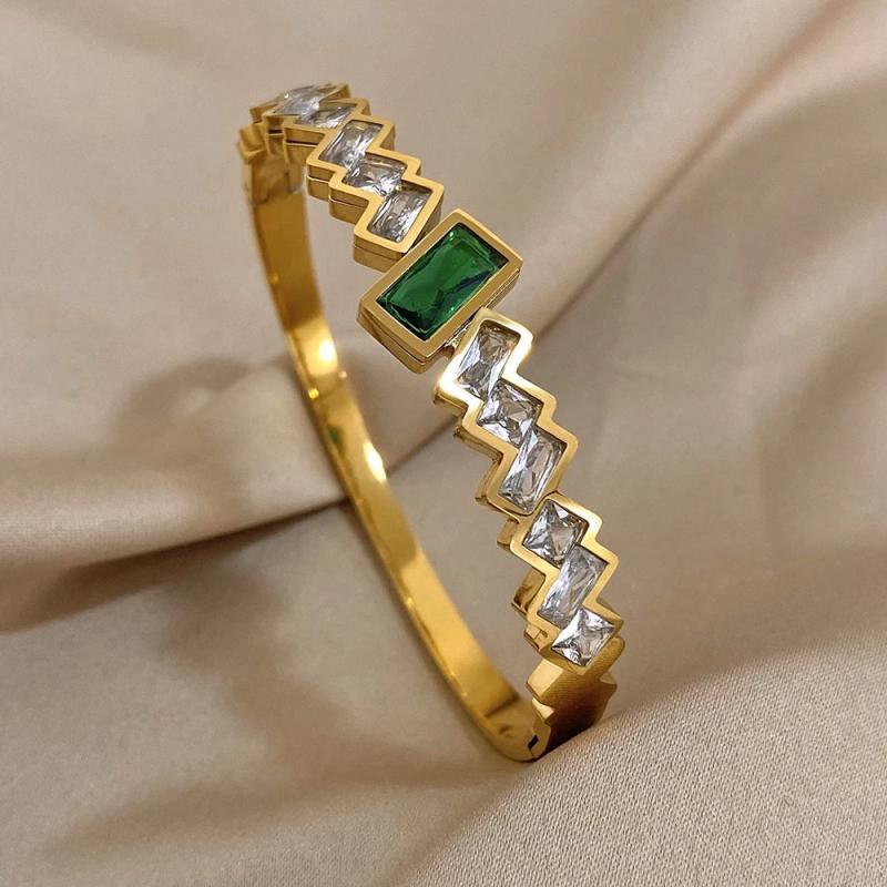 Green CZ Stainless Steel Cuff Bracelet Bangle for Women