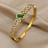 Green CZ Stainless Steel Cuff Bracelet Bangle for Women