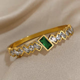 Green CZ Stainless Steel Cuff Bracelet Bangle for Women
