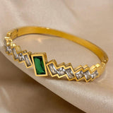 Green CZ Stainless Steel Cuff Bracelet Bangle for Women