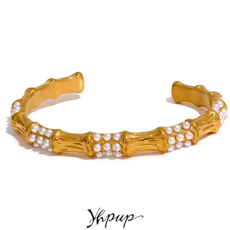 Stainless Steel Pearls Bamboo Cuff Bracelet Bangle Charms Vintage Jewelry Gift
