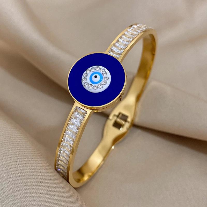 Enamel Eye Bangles Bracelet Stainless Steel Round CZ Charm Jewelry