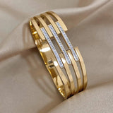 Stainless Steel Layered Cuff Bangle with Rhinestone Charms