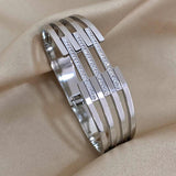 Stainless Steel Layered Cuff Bangle with Rhinestone Charms