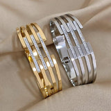 Stainless Steel Layered Cuff Bangle with Rhinestone Charms