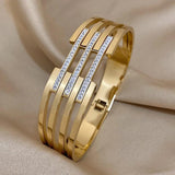 Stainless Steel Layered Cuff Bangle with Rhinestone Charms