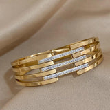 Stainless Steel Layered Cuff Bangle with Rhinestone Charms
