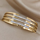 Stainless Steel Layered Cuff Bangle with Rhinestone Charms