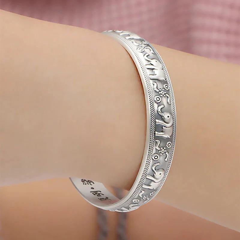 Foxanry Silver Bracelet Vintage Elephant Pattern Thai Silver Bangles