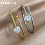 Zircon Heart Charm Stainless Steel Bangle Bracelet