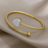 Zircon Heart Charm Stainless Steel Bangle Bracelet