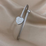 Zircon Heart Charm Stainless Steel Bangle Bracelet