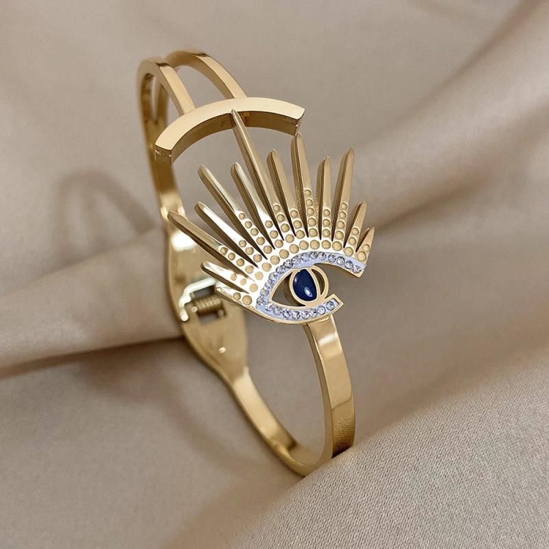 Vintage Inlay Rhinestones Eyes Stainless Steel Bracelet Bangle For Women