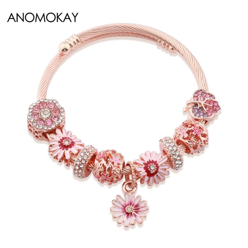 Rose Daisy Flower Cuff Bangle Crystal Charm Bracelet