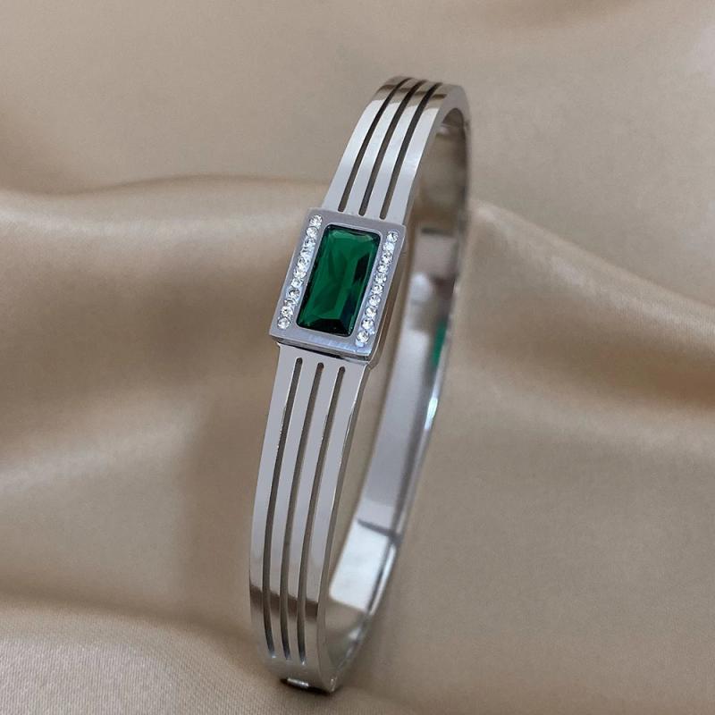 Stainless Steel Green Zircon Cuff Bracelet for Women Mens