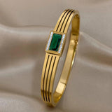 Stainless Steel Green Zircon Cuff Bracelet for Women Mens