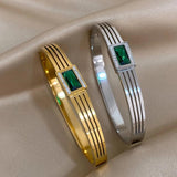 Stainless Steel Green Zircon Cuff Bracelet for Women Mens