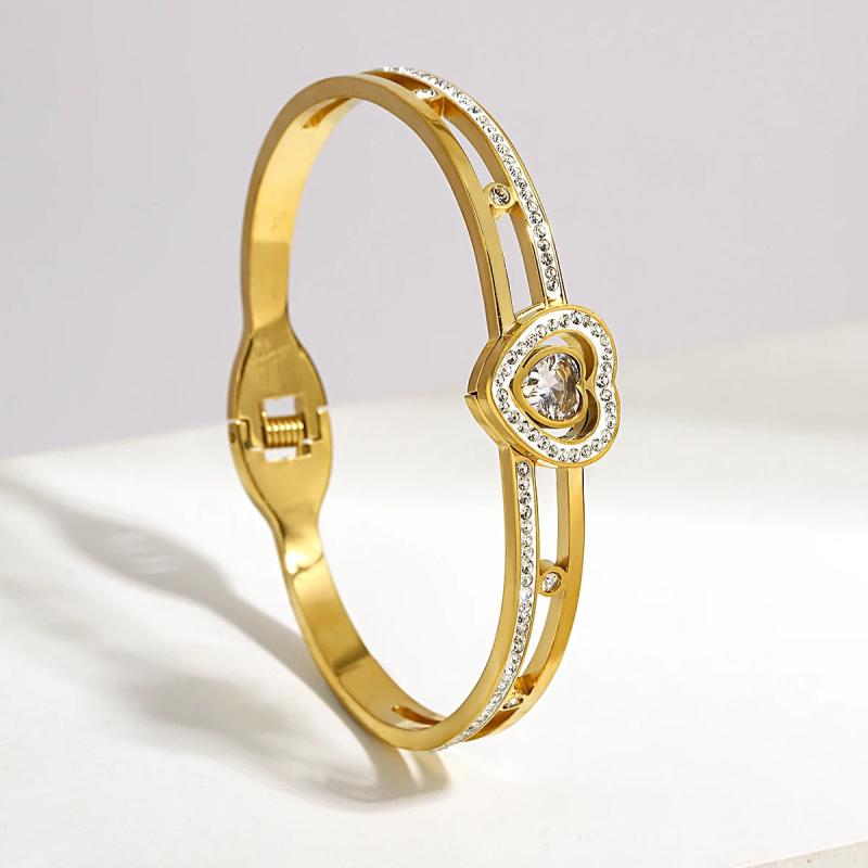 Stainless Steel Green Heart CZ Charm Bangle Bracelet Plated Party Jewelry