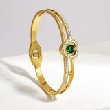 Stainless Steel Green Heart CZ Charm Bangle Bracelet Plated Party Jewelry