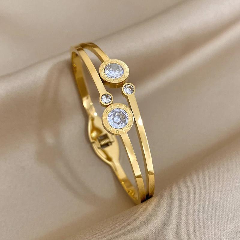 Stainless Steel Roman Numerals Rhinestone Cuff Bracelet