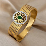 Wide Cuff Bracelet Green Zircon Flower Plate