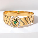 Wide Cuff Bracelet Green Zircon Flower Plate
