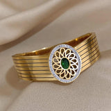 Wide Cuff Bracelet Green Zircon Flower Plate