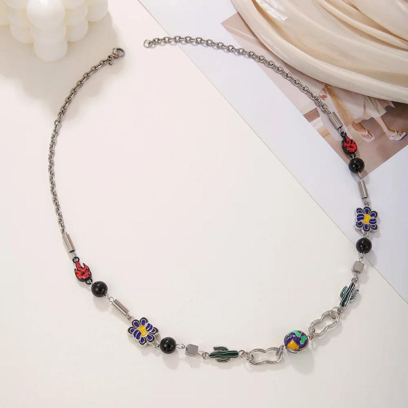 Enamel Fire Flower Charms Necklace Stainless Steel Choker Chain