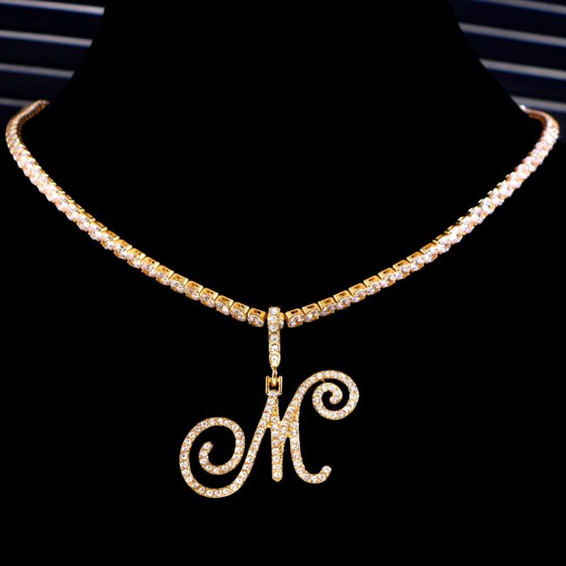 Cursive Alphabet Pendant Necklace Initial CZ Silver Stainless Steel