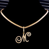 Cursive Alphabet Pendant Necklace Initial CZ Silver Stainless Steel