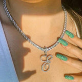 Cursive Alphabet Pendant Necklace Initial CZ Silver Stainless Steel