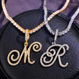 Cursive Alphabet Pendant Necklace Initial CZ Silver Stainless Steel