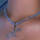 Cursive Alphabet Pendant Necklace Initial CZ Silver Stainless Steel