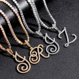 Cursive Alphabet Pendant Necklace Initial CZ Silver Stainless Steel