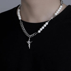 Star Charm Choker Necklace Stainless Steel Double Link Chains Collar