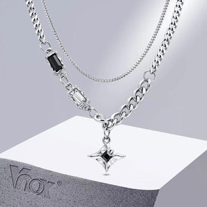 Star Charm Choker Necklace Stainless Steel Double Link Chains Collar