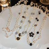 Classic Pearl Camellia Long Sweater Necklace Crystal Jewelry