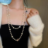 Classic Pearl Camellia Long Sweater Necklace Crystal Jewelry