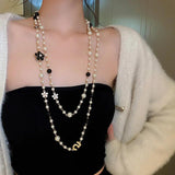 Classic Pearl Camellia Long Sweater Necklace Crystal Jewelry