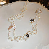 Classic Pearl Camellia Long Sweater Necklace Crystal Jewelry