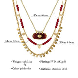 Boho Stainless Steel Charm Layered Necklaces Vintage Red Acrylic Beads Chains
