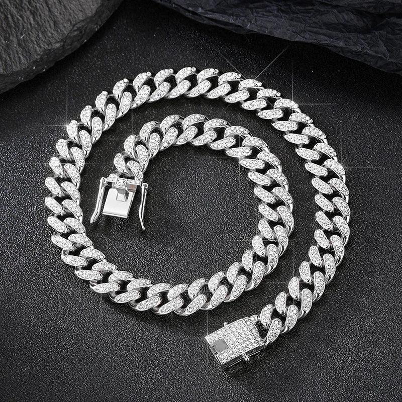 Prong Cuban Link Chain Hip Hop Men Necklace 2/3 Row Rhinestone Paved