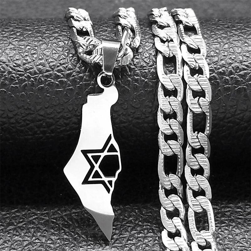 Hexagram Magen Star of David Map Pendant Necklace Stainless Steel Chain Necklace