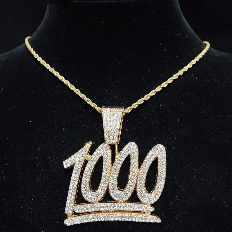 Hip Hop 1000 Number Pendant Necklace Cuban Chain Iced Out Bling