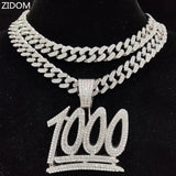 Hip Hop 1000 Number Pendant Necklace Cuban Chain Iced Out Bling