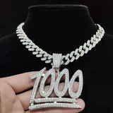 Hip Hop 1000 Number Pendant Necklace Cuban Chain Iced Out Bling