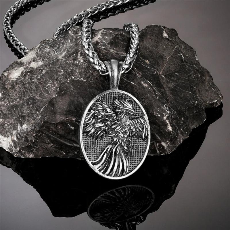 Vintage Nordic Phoenix Necklace Mens Vikings Fire Bird Pendant