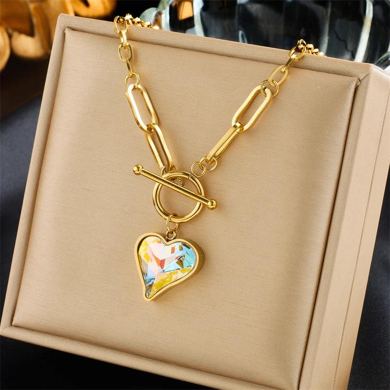 316L Stainless Steel Heart Pendant Necklace Colorful Dazzling Chain Jewelry Gift