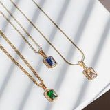 Minimalist Green Multicolor CZ Square Pendant Necklace Women Gift