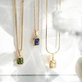 Minimalist Green Multicolor CZ Square Pendant Necklace Women Gift